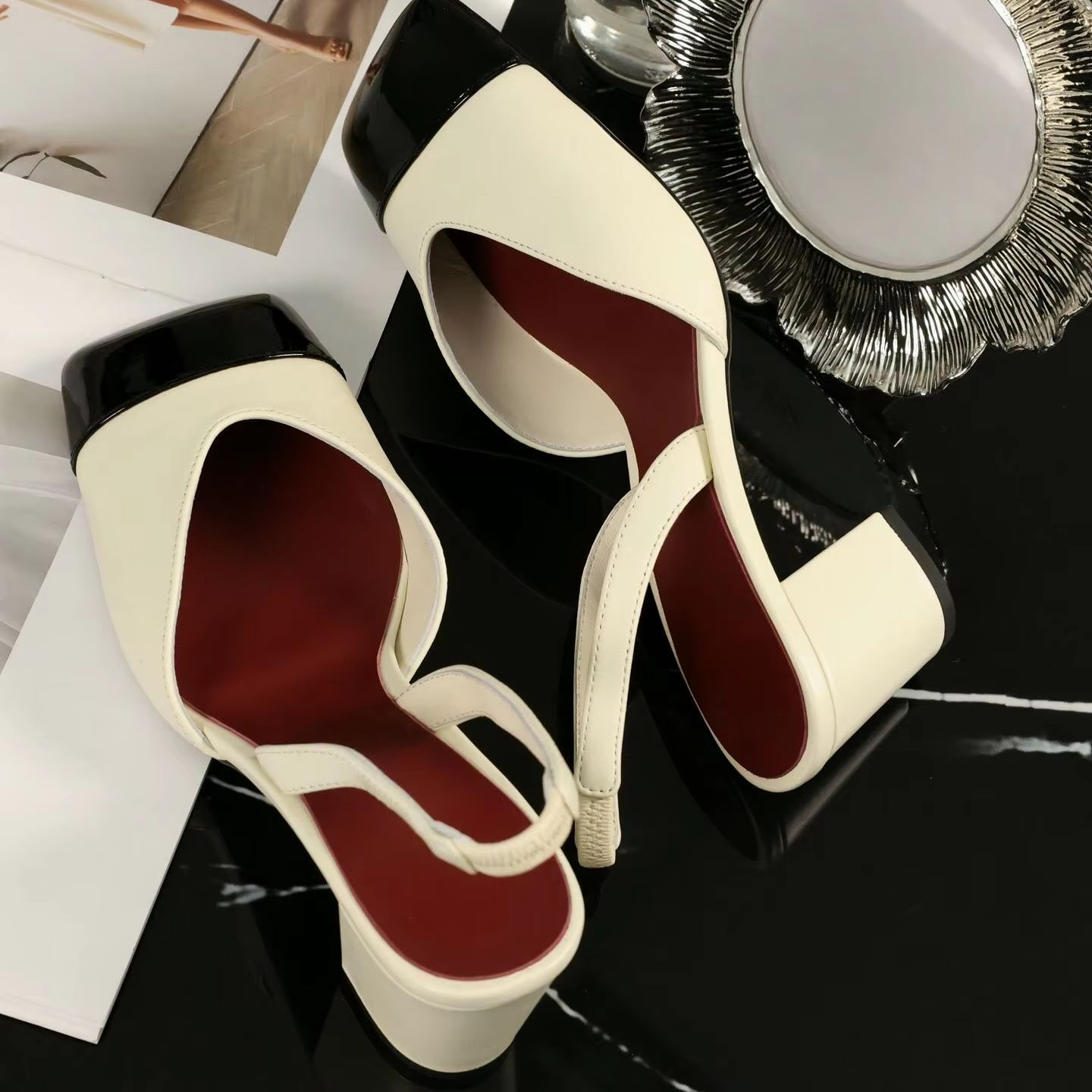 Sandals - レディース スリングバック パンプス ツートン クリーム ブラック