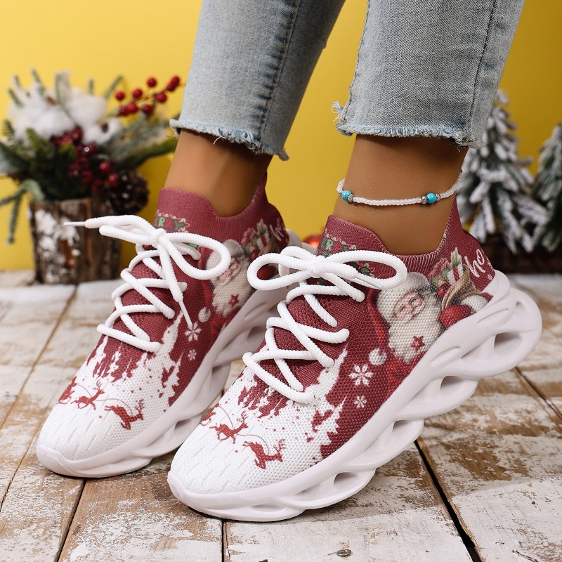 Knit Fabric Lace Up Sneakers - ファッション新作 ニットメッシュプリント レディーススニーカー ソフトソール コンフォートローファー 2026年新作