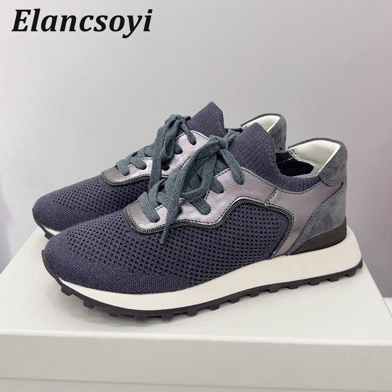 フラットシューズ女性ストリングビーズ編み通気性スニーカーラウ - Knit Fabric Lace Up Sneakers のレビューと価格