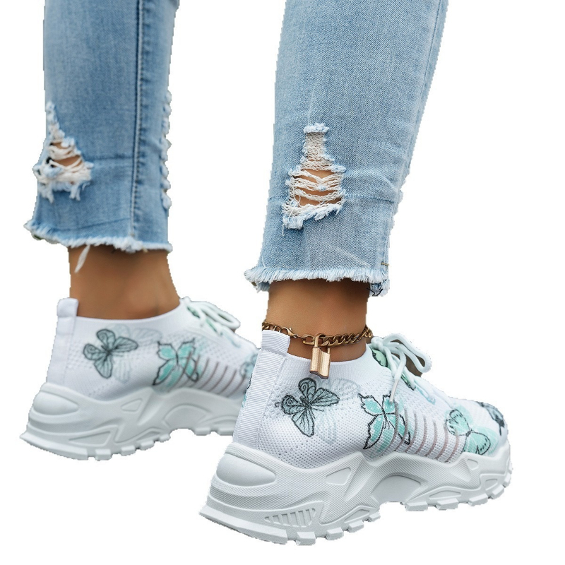 女性バタフライプリントメッシュスニーカーホワイトEVAプラッ - Knit Fabric Lace Up Sneakers のレビューと価格